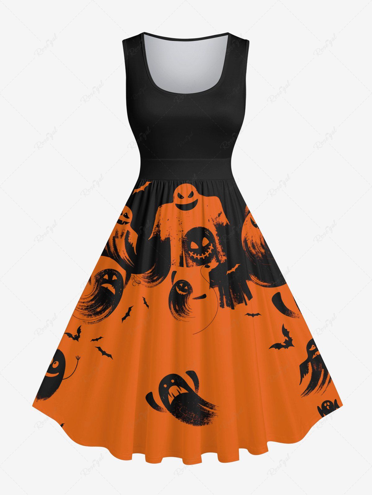 Hot Plus Size Skull Ghost Bat Two Tone Print Halloween Costume Vintage Swing A Line Dress  
