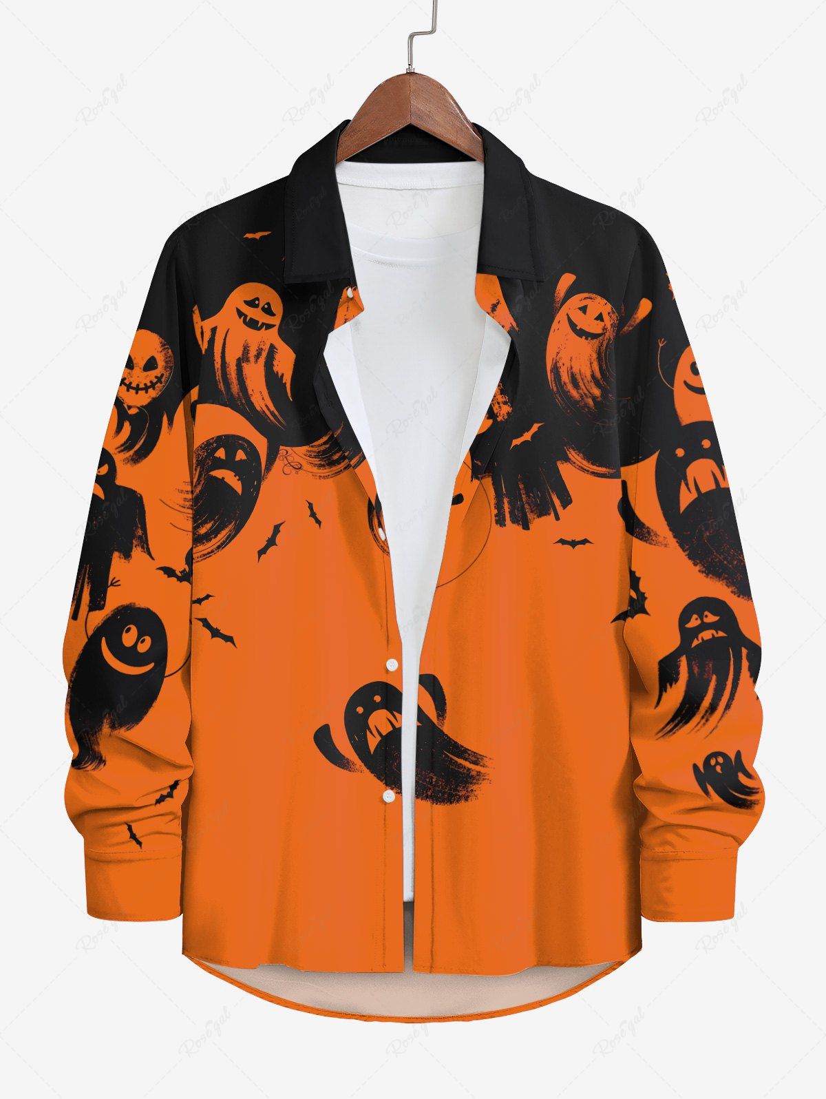 Fashion Plus Size Skull Ghost Bat Two Tone Print Halloween Button Shirt For Men  