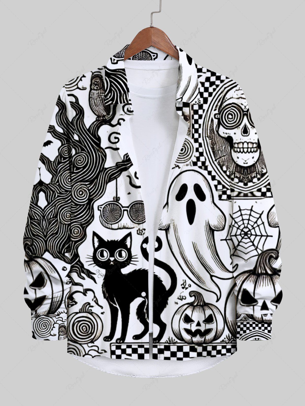 Hot Plus Size Ghost Pumpkin Cat Tree Bat Skull Plaid Glasses Spider Web Print Halloween Button Shirt For Men  
