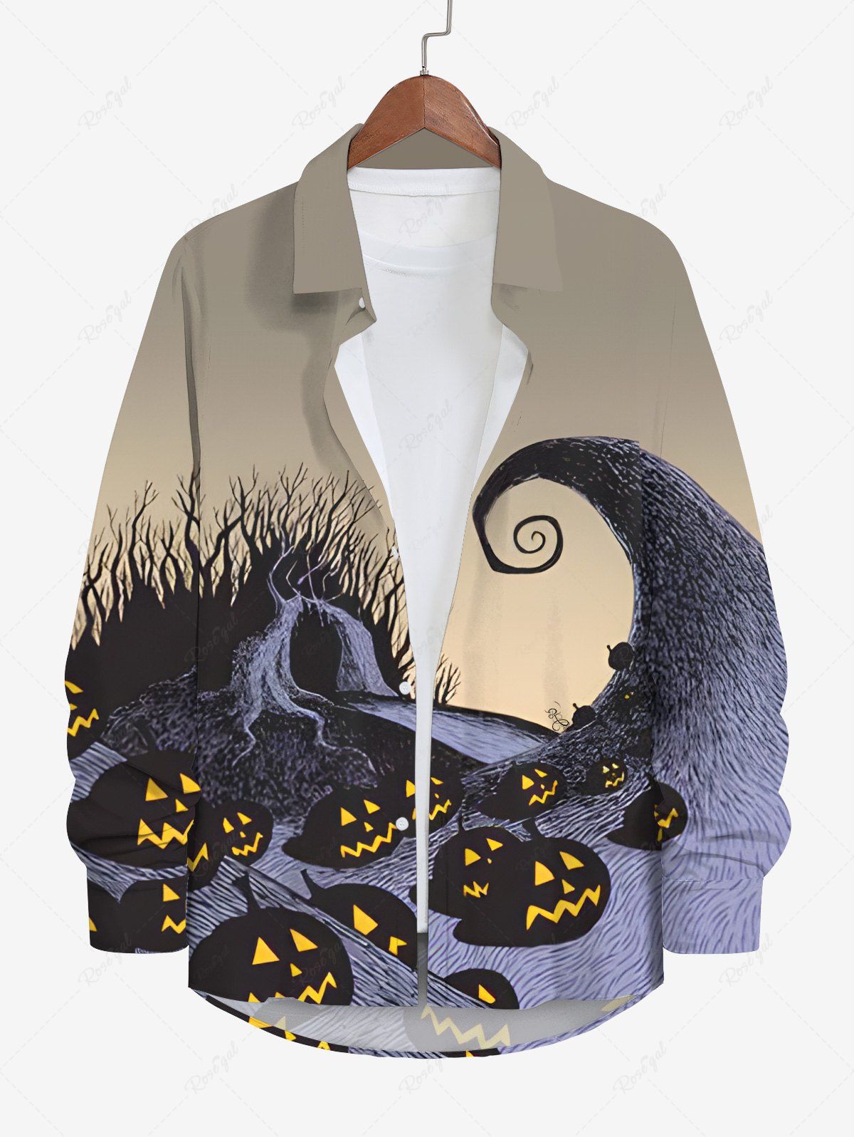 Store Plus Size Pumpkin Tree Branch Print Halloween Ombre Button Shirt For Men  