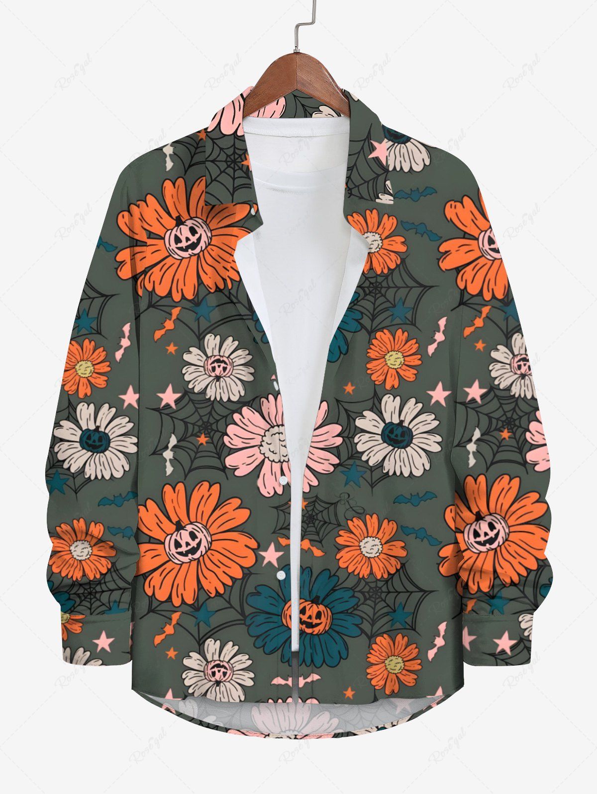 Shop Plus Size Pumpkin Daisy Flower Bat Star Spider Web Print Halloween Button Shirt For Men  