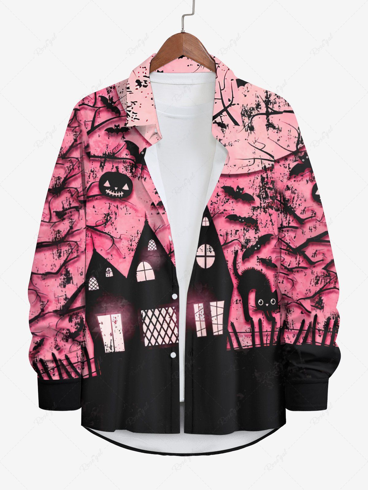 Shop Plus Size Bat Pumpkin Tree Branch Cat Ink Painting Castle Print Halloween Button Shirt For Men  