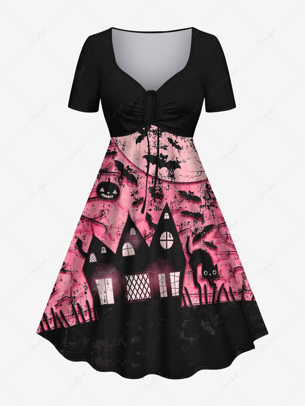 Robe D'Halloween Costume Chauve-souris Citrouille et Château Imprimés Grande Taille Rose clair 6X