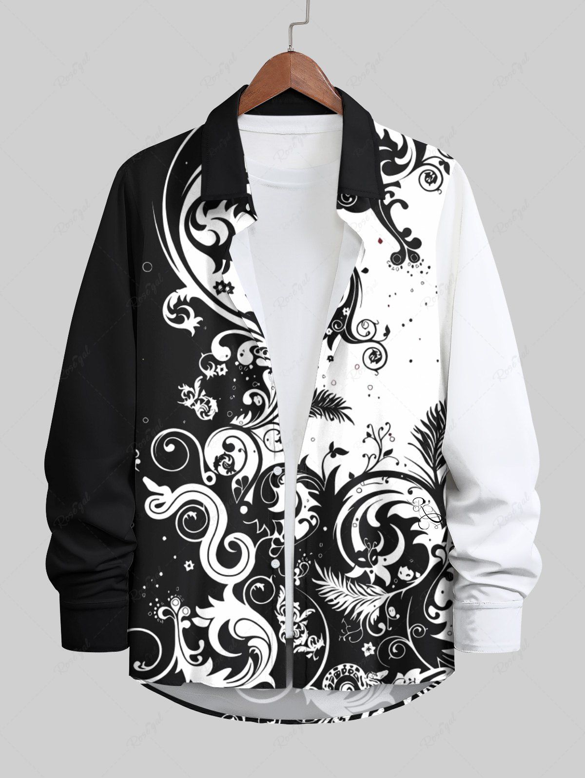 Outfit Plus Size Two Tone Paisley Floral Leaf Print Long Sleeve Hawaii Shirt For Men  