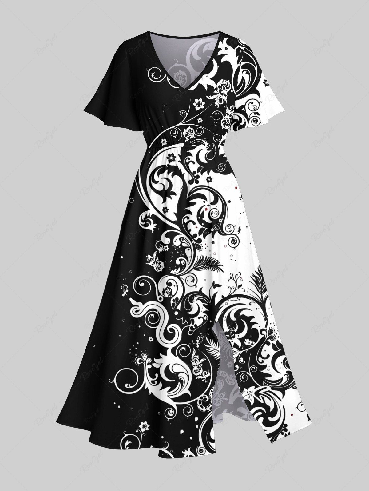 Outfits Plus Size Two Tone Paisley Floral Leaf Print Split Hawaii Midi Dress  