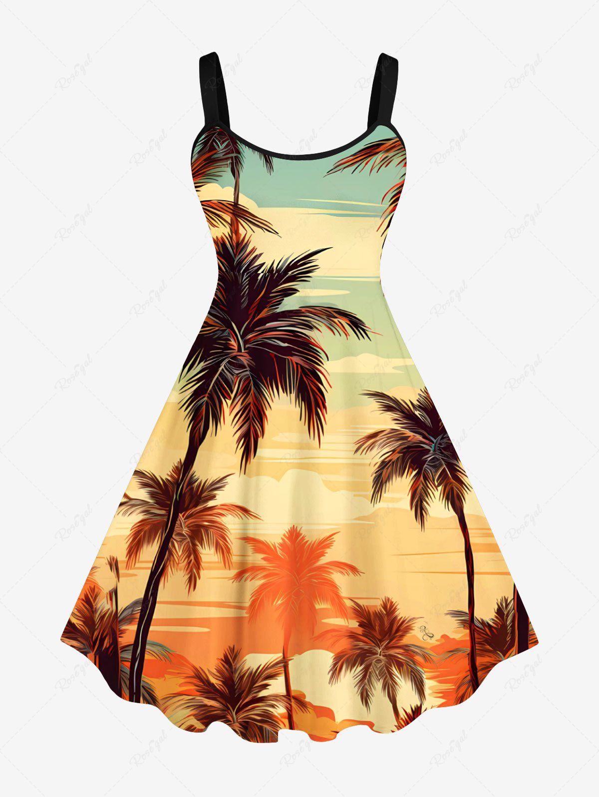 Unique Plus Size Colorful Coconut Tree Sea Print Hawaii Ombre A Line Tank Dress  