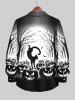 Plus Size Halloween Cat Pumpkin Bat Tree Forest Print Long Sleeve Buttons Shirt For Men -  