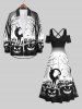 Plus Size Halloween Cat Pumpkin Bat Tree Forest Print Long Sleeve Buttons Shirt For Men -  