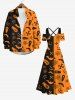 Plus Size Halloween Spider Web Bat Cross Ghost Face Colorblock Print Buttons Long Sleeve Shirt For Men -  