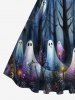 Robe Vintage Costume D'Halloween Plante Fantôme et Forêt Imprimés Grande Taille - Noir 2X