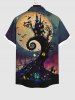 Plus Size Halloween Costume Moon Tree House Bat Print Buttons Pocket Shirt For Men -  