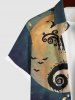 Plus Size Halloween Costume Moon Tree House Bat Print Buttons Pocket Shirt For Men -  