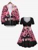 Robe D'Halloween Costume Chauve-souris Citrouille et Château Imprimés Grande Taille - Rose clair 6X