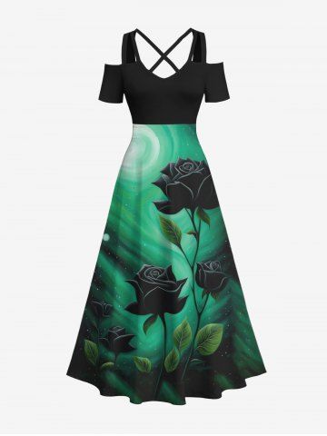 Plus Size Rose Flower Leaf Glitter Painting Galaxy Moon Print Halloween Costume Crisscross A Line Maxi Dress - BLACK - 4X