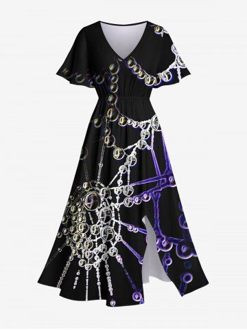 Plus Size Chain Bead Spider Web Print Halloween Costume Split Pocket A Line Midi Dress - BLACK - XS