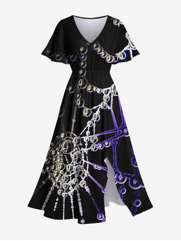 Plus Size Chain Bead Spider Web Print Halloween Costume Split Pocket A Line Midi Dress - BLACK - S