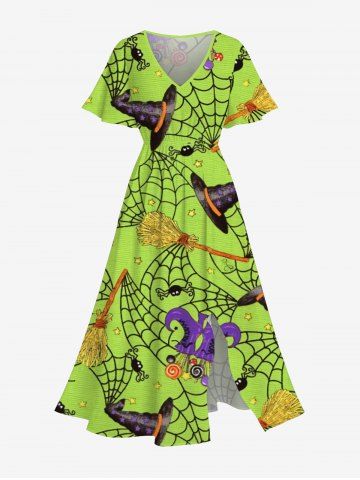 Plus Size Halloween Costume Spider Web Hat Boots Broom Print Split Midi Dress - GREEN - 5X