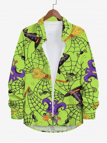 Plus Size Halloween Costume Spider Web Hat Boots Broom Print Buttons Long Sleeve Shirt For Men - GREEN - 3XL