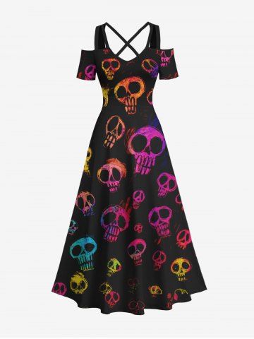 Plus Size Halloween Costume Colorful Skulls Print Cold Shoulder Crisscross Maxi Dress - BLACK - S
