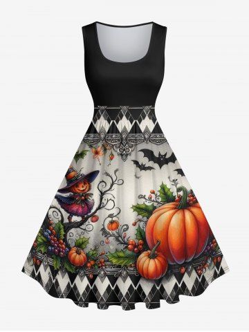 Plus Size Halloween Costume Pumpkin Bat Pixie Fruits Print 1950s Vintage Dress - BLACK - M