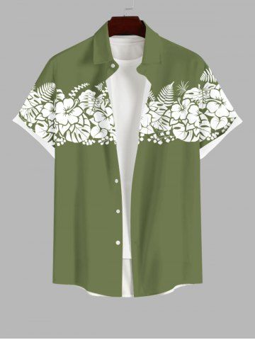 Plus Size Tropical Leaf Hibiscus Flowers Print Buttons Pocket Hawaii Shirt For Men - GREEN - 3XL