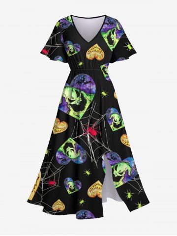 Plus Size Halloween Costume Heart Ghost Spider Web Print Split Midi Dress - BLACK - 2X