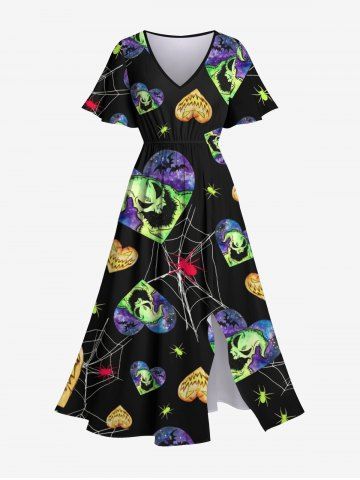 Robe D'Halloween Mi-Longue Fendue Cœur et Fantôme Imprimés de Grande Taille - BLACK - 3X