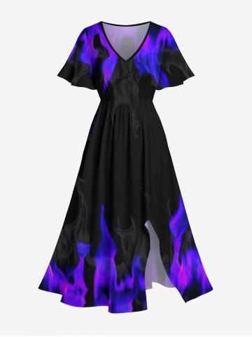 Plus Size Fire Flame Print Halloween Costume Split Pocket A Line Midi Dress - BLACK - L