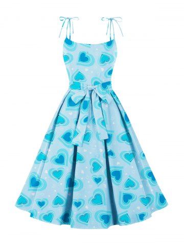 Plus Size Heart Print Tie Bowknot Cami Vintage Dress - BLUE - 1XL