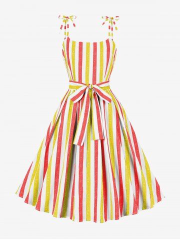 Plus Size Stripes Print Tie Bowknot Cami Vintage Dress - YELLOW - 1XL