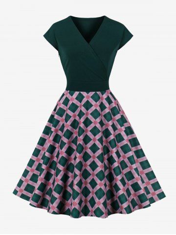 Plus Size Plaid Colorblock Print Zipper Patchwork Surplice Vintage Dress - DEEP GREEN - 1XL