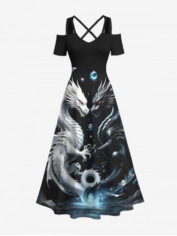 Plus Size Dragon Planet Galaxy Print Halloween Costume Crisscross A Line Maxi Dress