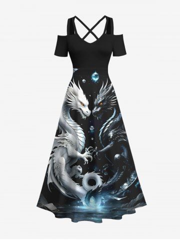 Plus Size Dragon Planet Galaxy Print Halloween Costume Crisscross A Line Maxi Dress - BLACK - 1X