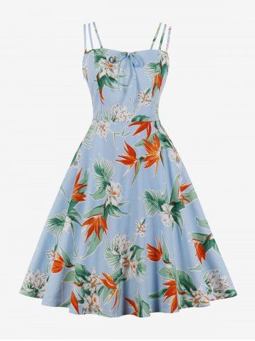 Plus Size Flowers Leaf Print Zipper Tie Cami Vintage Dress - LIGHT BLUE - XL