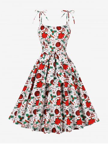 Plus Size Flower Fruit Leaf Chiristmas Ball Candy Print Tie Cami Vintage Dress - RED - 2XL