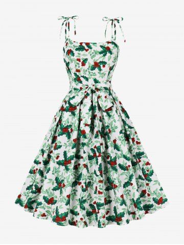 Plus Size Flower Fruit Leaf Print Tie Cami Vintage Dress - GREEN - 1XL