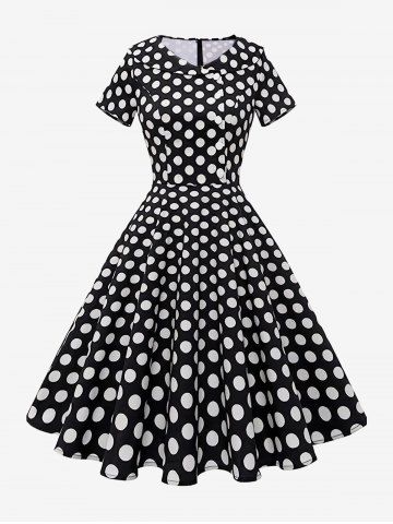 Plus Size Polka Dots Print Surplice Buttons Zipper Peter Pan Collar Vintage Dress - BLACK - 1XL