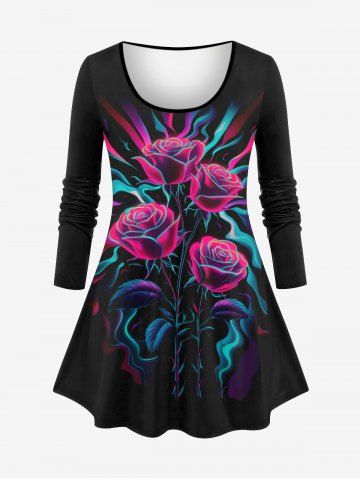 Plus Size Colorful Rose Flower Leaf Ribbon Print Halloween Long Sleeves T-shirt - BLACK - 3X