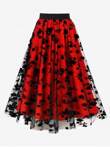 Plus Size Flowers Leaves Flocking Mesh Layered Vintage Skirt - RED - 1XL