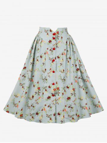 Plus Size Rose Flower Leaf Print Button Down Vintage Skirt - LIGHT BLUE - L