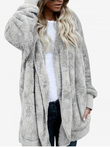 Front Open Pockets Fleece Hooded Coat - GRAY - S