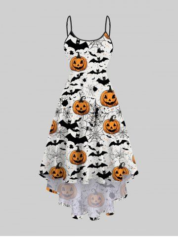 Plus Size Pumpkin Bat Spider Web Print Halloween Costume High Low Asymmetric Cami Dress - MULTI-A - M