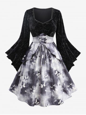 Plus Size Flare Sleeves Tie Dye Ombre Butterfly Printed Flower Embossed Velvet Patchwork Lace Up Ruched A Line Dress - BLACK - L | US 12