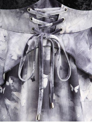 Plus Size Flare Sleeves Tie Dye Ombre Butterfly Printed Flower Embossed Velvet Patchwork Lace Up Ruched A Line Dress