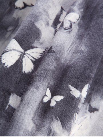 Plus Size Flare Sleeves Tie Dye Ombre Butterfly Printed Flower Embossed Velvet Patchwork Lace Up Ruched A Line Dress