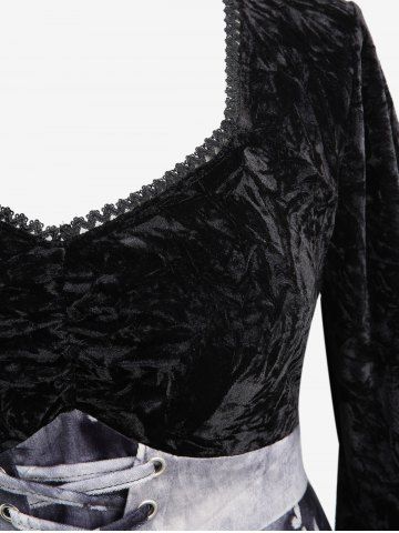 Plus Size Flare Sleeves Tie Dye Ombre Butterfly Printed Flower Embossed Velvet Patchwork Lace Up Ruched A Line Dress