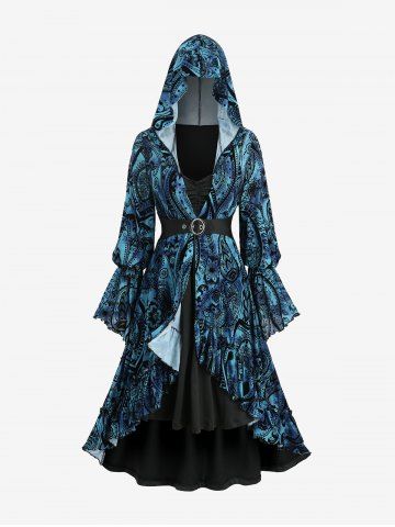 Plus Size Paisley Flowers Flocking Mesh Buckle Lace Trim Ruched Ruffles Hooded Dress - BLUE - L | US 12