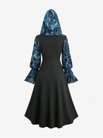 Plus Size Paisley Flowers Flocking Mesh Buckle Lace Trim Ruched Ruffles Hooded Dress