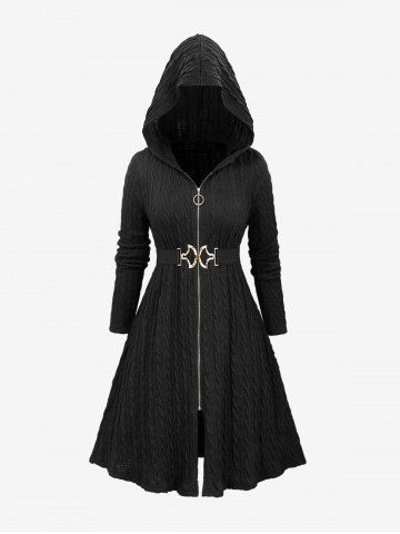 Plus Size Full Zipper Cable Knit Textured Solid Hooded Long Sleeve Sweater Coat with Scalloped Sector Belt - BLACK - M | US 10