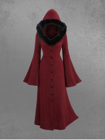 Gothic Christmas Flare Sleeves Full Buttons Cable Knit Solid Fur Trim Hooded Longline Coat - DEEP RED - XXL